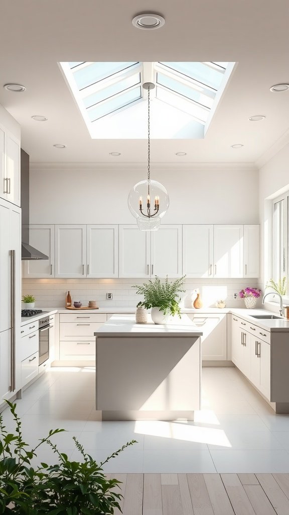 Bright U-shaped kitchen with a skylight and modern decor