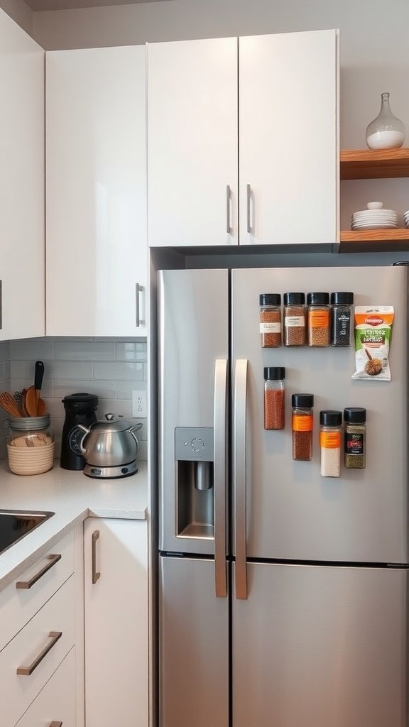 Magnetic spice jars on a refrigerator in a modern small apartment kitchen.