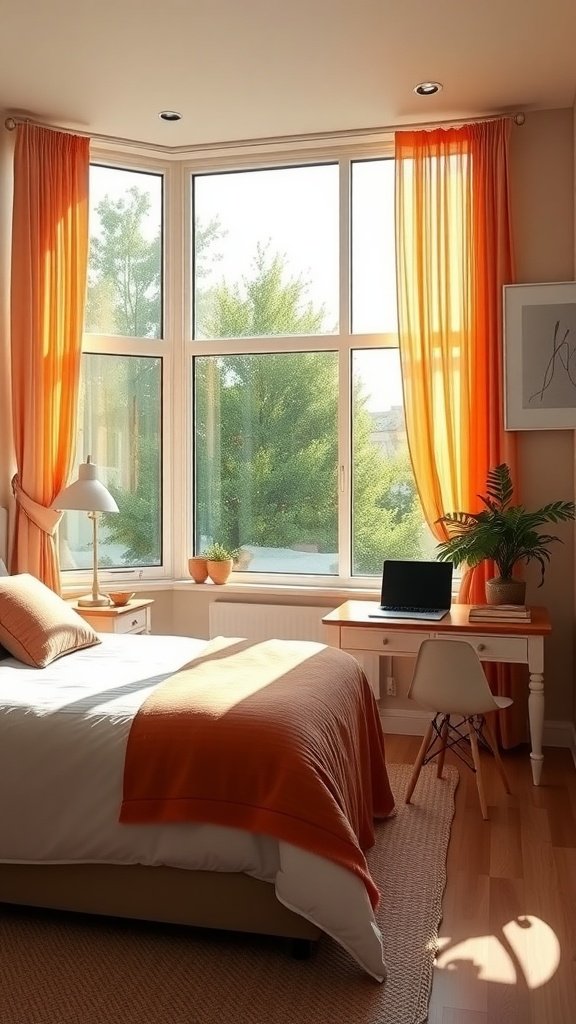 A bright and inviting guest bedroom and home office combo with large windows and orange curtains