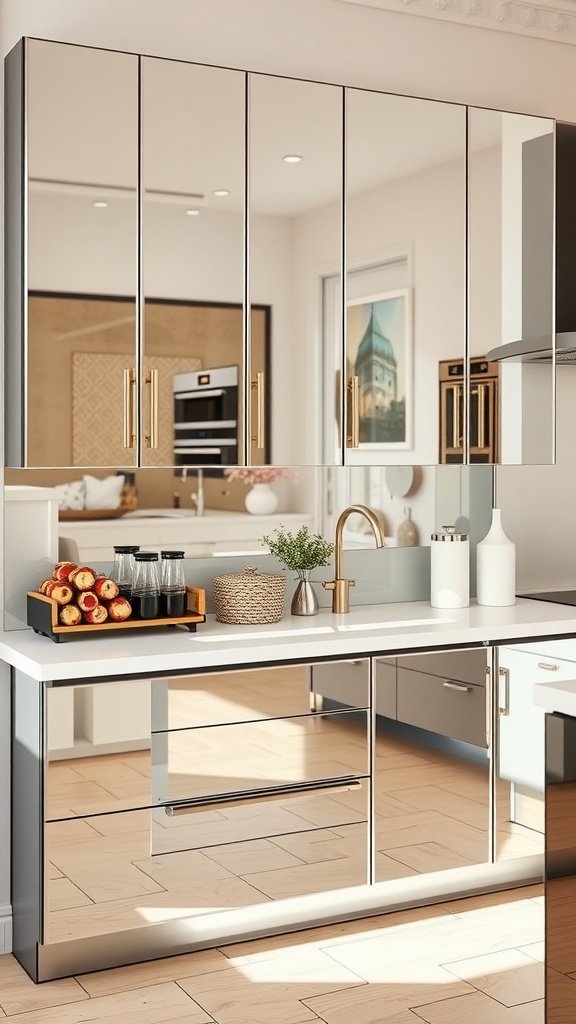 A modern kitchen featuring mirrored cabinets with golden handles and a sleek countertop.