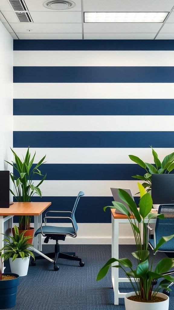 An office space featuring a navy and white striped accent wall with plants and desks.
