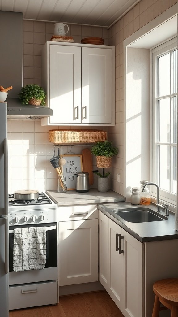 A bright and cozy small kitchen with white cabinets, a gray countertop, a stove, and natural light coming through a window.