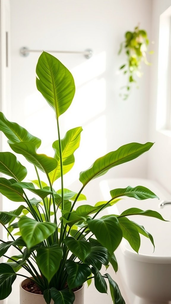 A lush Philodendron plant with broad green leaves in a bright bathroom.
