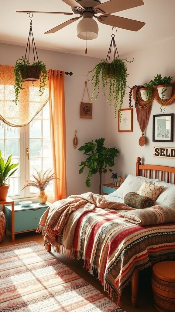 A cozy bedroom featuring a bed with colorful blankets, hanging plants, and natural light.