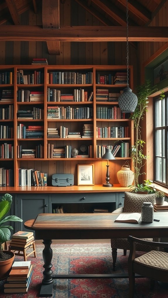 Rustic home library office design featuring bookshelves, a wooden table, cozy chairs, and plants.