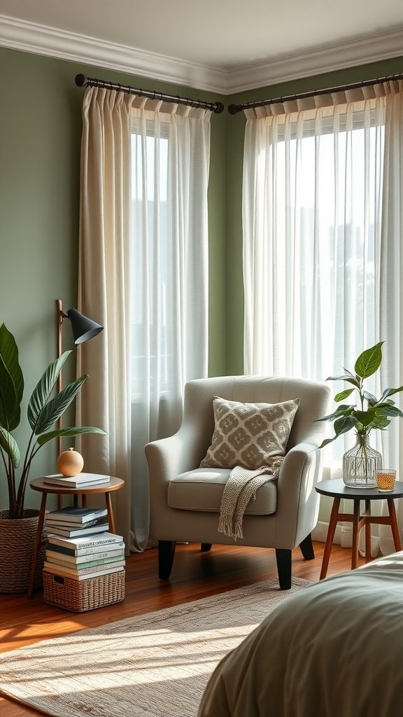 Cozy reading corner with sage green walls, a comfortable chair, and plants.