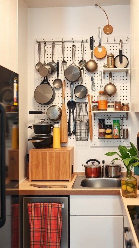 A pegboard kitchen storage solution featuring pots, pans, and utensils neatly organized on a wall.