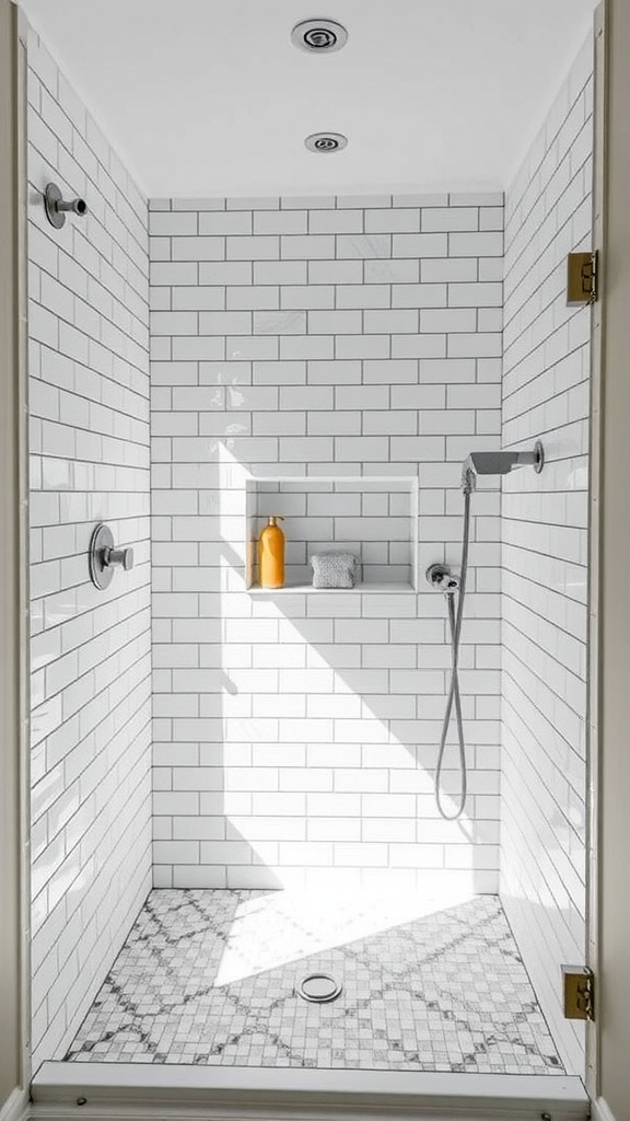 A stylish walk-in shower with white subway tiles and a mosaic floor.