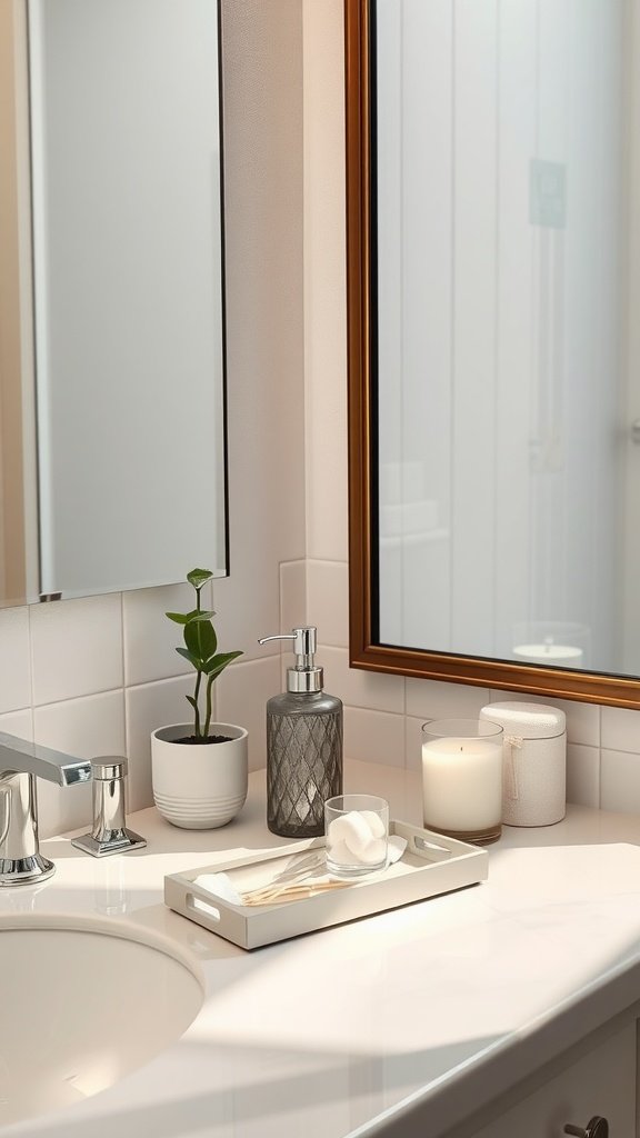 A simple and elegant bathroom counter with a plant, soap dispenser, candles, and a tray.