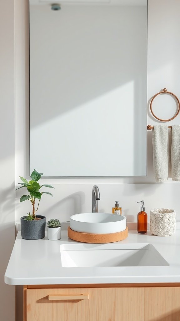 A modern bathroom counter with plants, a white bowl, and decorative items.