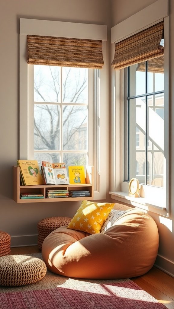 A cozy reading nook by the window featuring a bean bag chair, colorful cushions, and a bookshelf filled with children's books.
