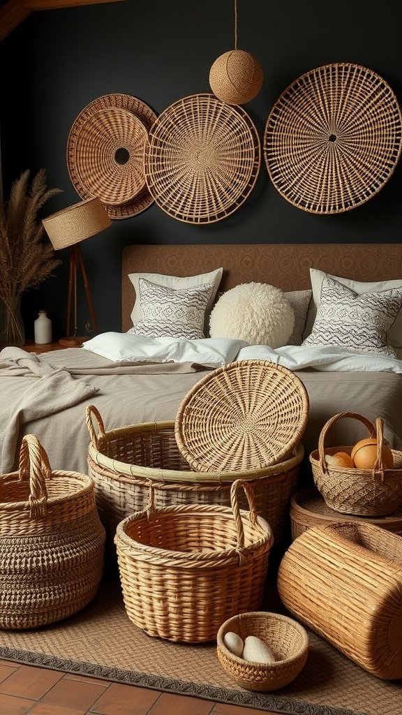 A collection of woven baskets in a dark boho bedroom
