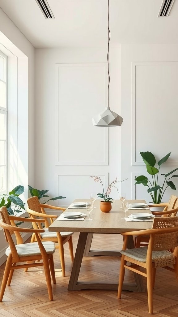 A zen-inspired dining room featuring a wooden table, modern chairs, natural light, and indoor plants.