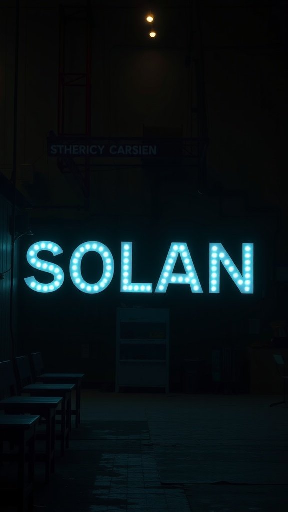 Bright neon lights spelling 'SOLAN' illuminating a dark space