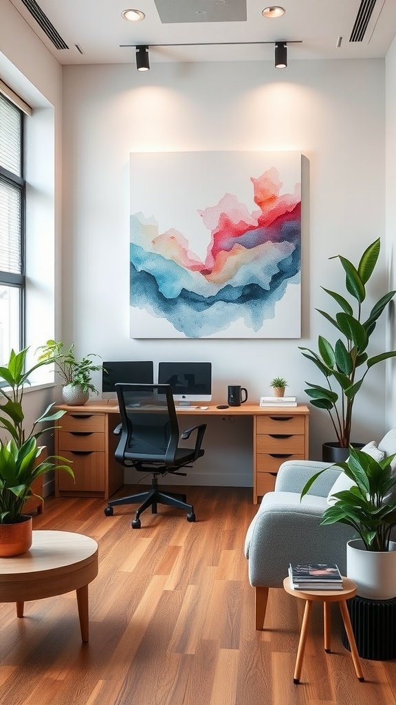 An office space featuring an abstract watercolor accent wall in pastel hues, with a wooden desk, plants, and modern decor.