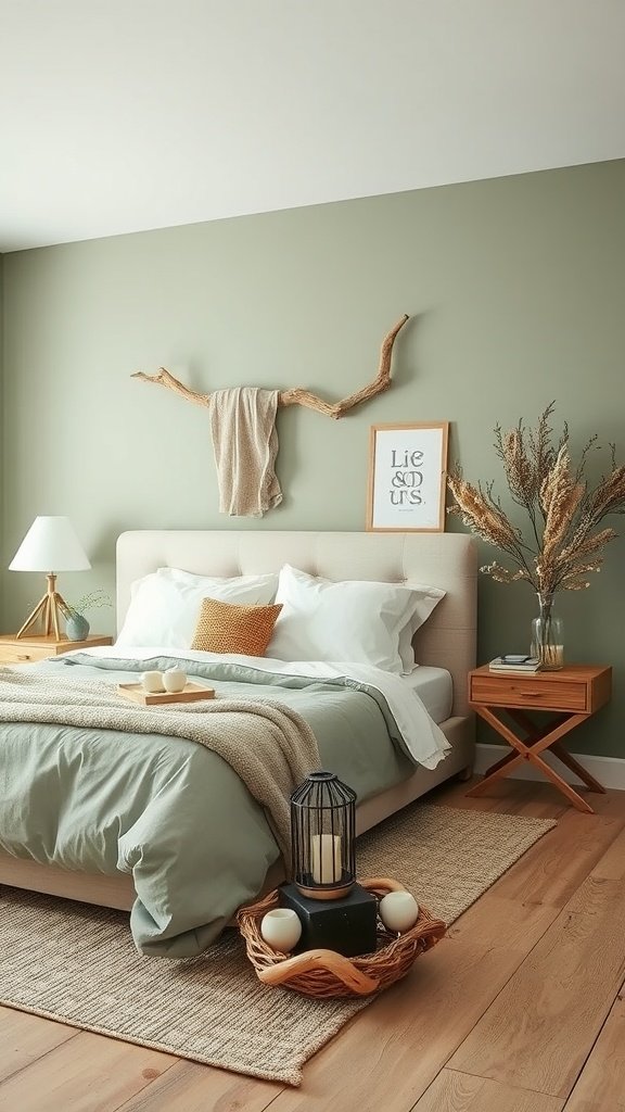 A cozy bedroom featuring sage green walls, driftwood decor, and soft bedding.