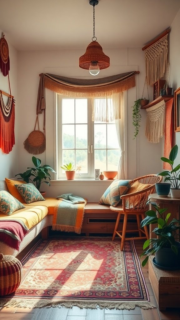 Cozy artisan boho bedroom with colorful furnishings and plants