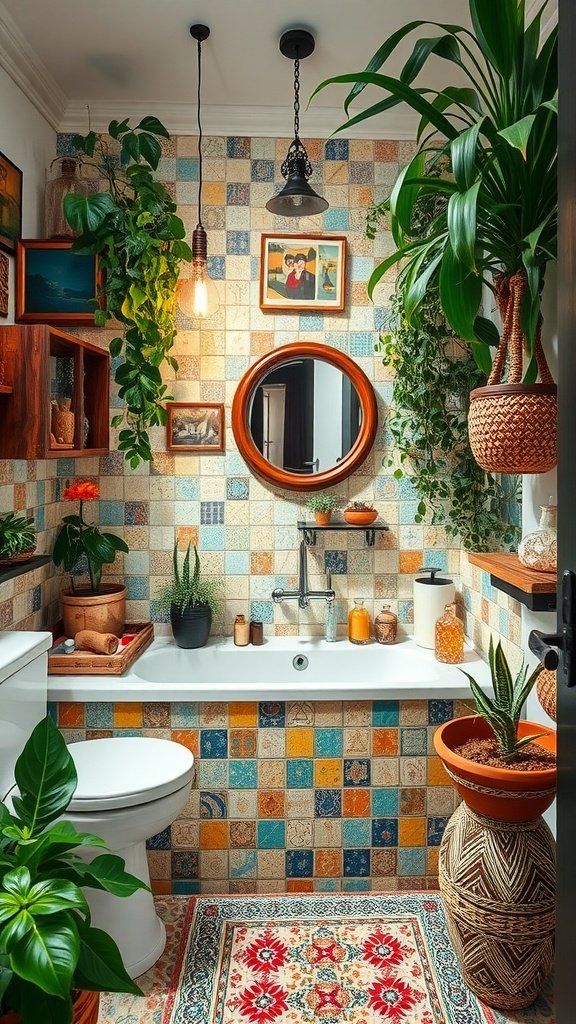A bohemian bathroom with a colorful mosaic wall, plants, and a cozy vibe