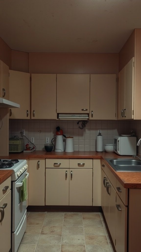 A very dull kitchen with beige cabinets and minimal decor, lacking vibrancy.
