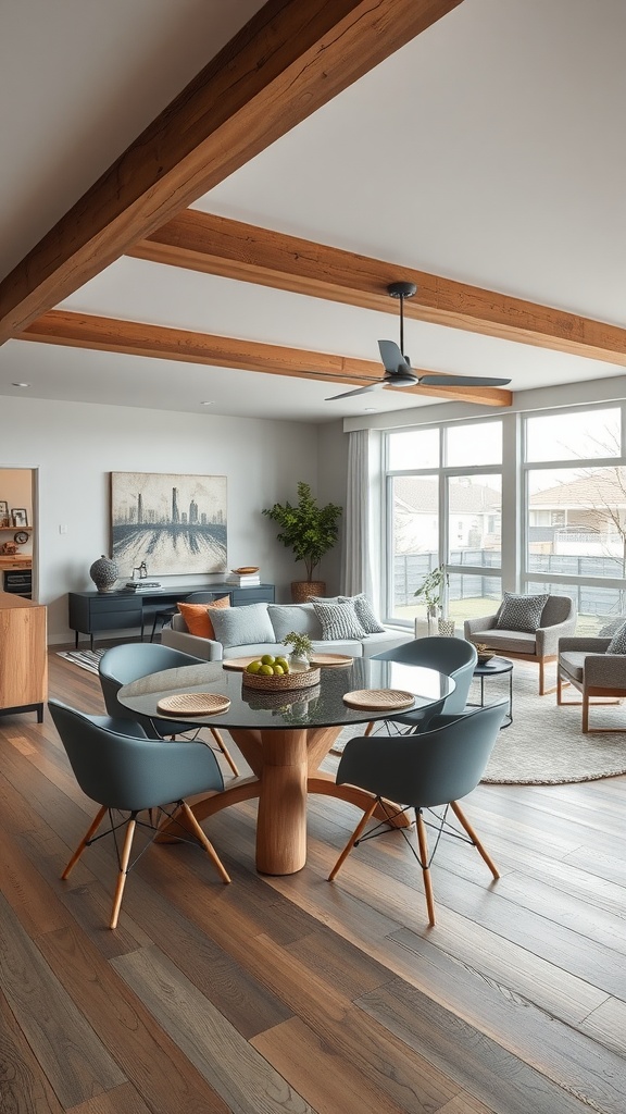 A modern living room-dining room combo featuring a round table with blue chairs, wooden beams, and large windows.
