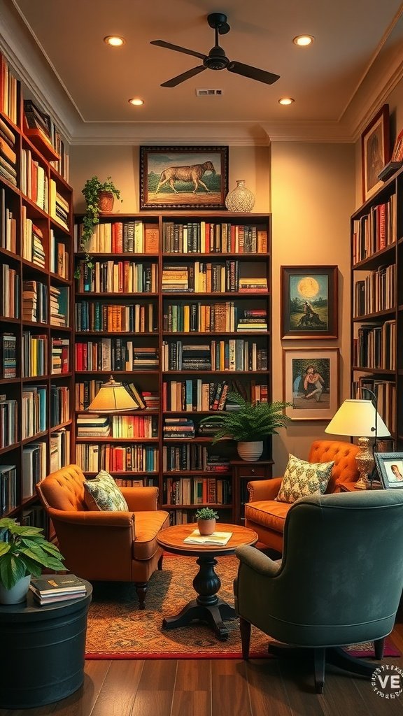 A cozy library with bookshelves, comfortable seating, warm lighting, and decorative plants.