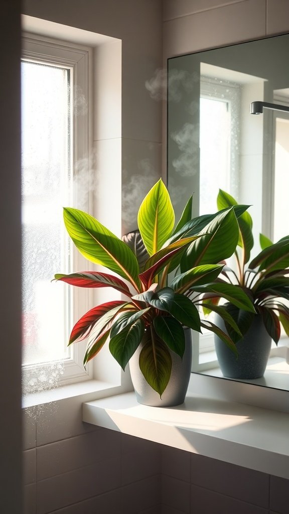 A Calathea plant in a bathroom by a window with steam on the mirror.