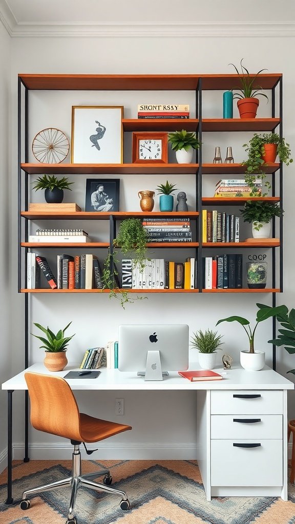 Stylish home office with chic shelving featuring books, plants, and decorative items.