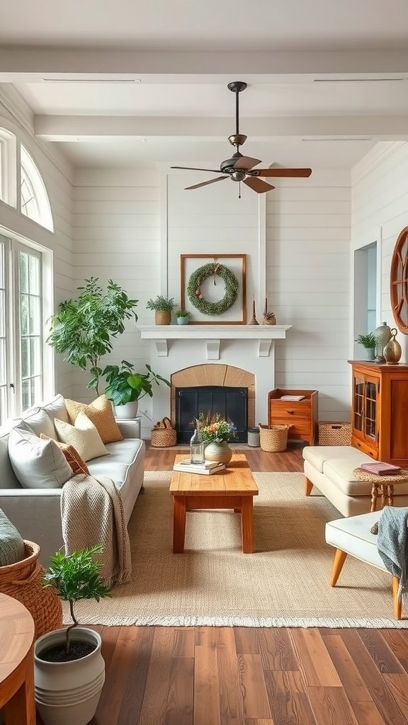 A cozy farmhouse living room featuring light walls, wooden accents, plants, and a warm color palette.