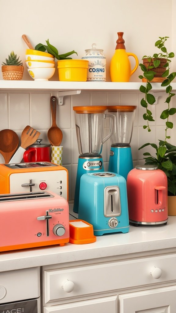 Colorful retro kitchen appliances including toasters, blenders, and kettles on a kitchen countertop.
