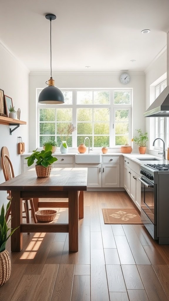 Cozy kitchen with wooden table, modern appliances, and large windows