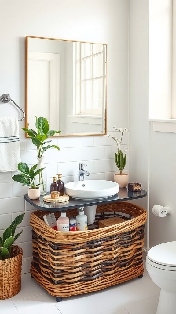 A bathroom featuring a fruit basket turned into a vanity stand, with plants and decorative bottles on a countertop.