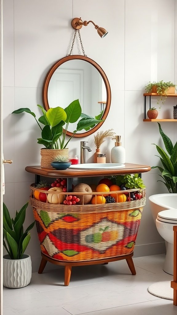 A colorful fruit basket converted into a bathroom vanity stand adorned with plants and decorative items.