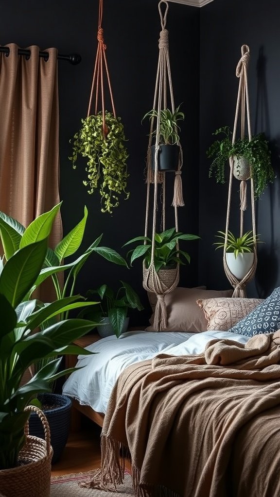 A dark boho bedroom featuring hanging indoor plants and a cozy bed with brown blankets.