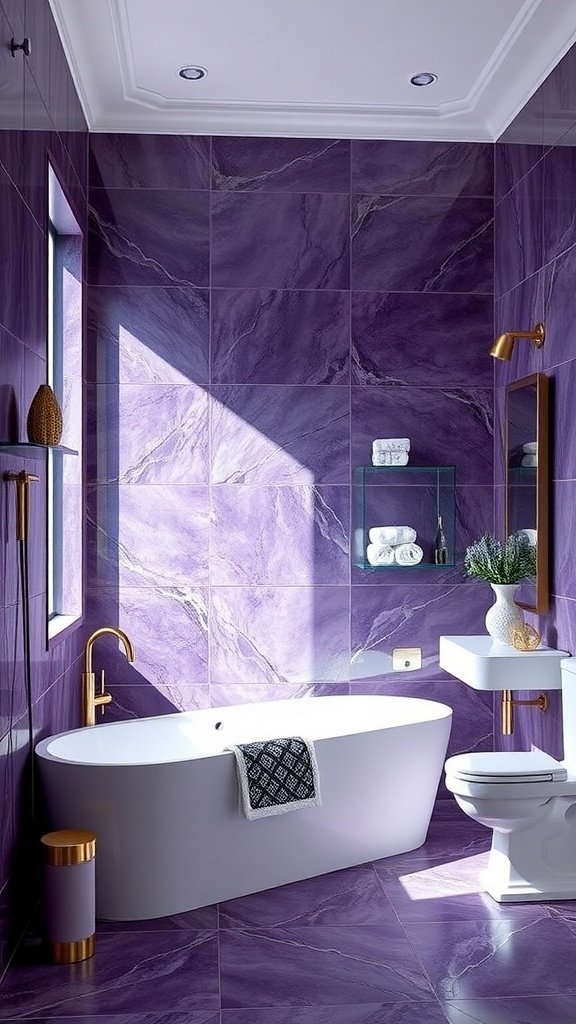Luxurious bathroom featuring amethyst tiles with gold fixtures and a modern bathtub