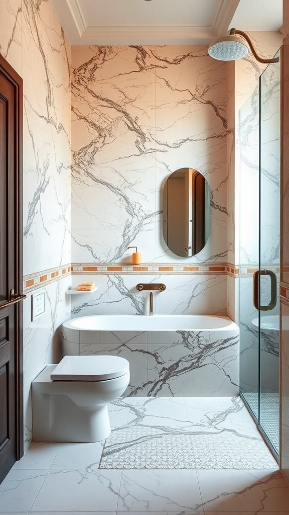 A beautifully designed bathroom featuring marble walls and a terracotta accent tile.