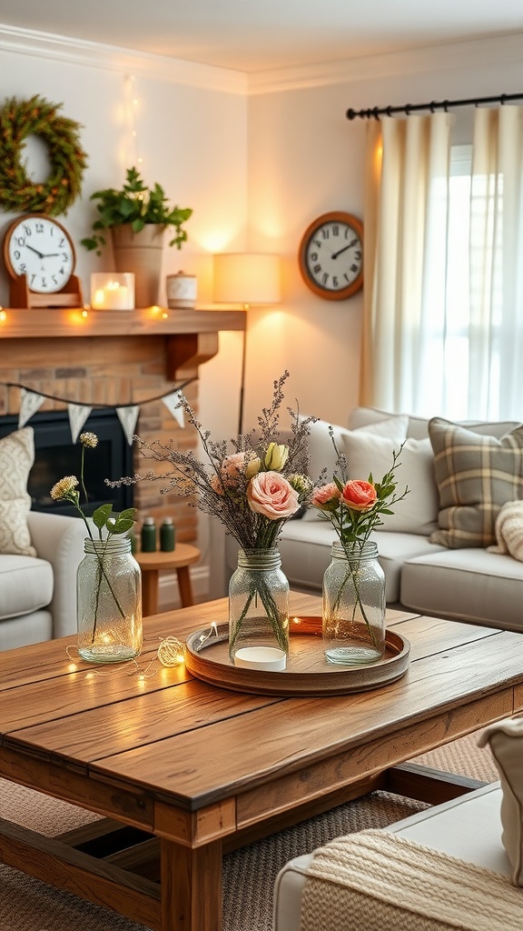A cozy modern farmhouse living room featuring mason jars with flowers on a wooden coffee table, surrounded by soft lighting and greenery.