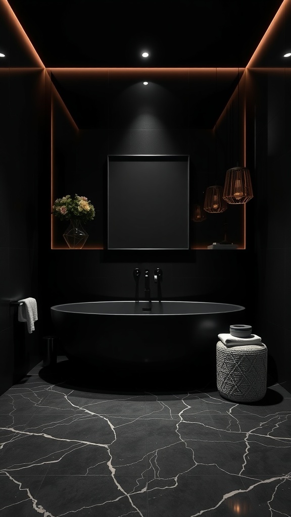 A modern black bathroom with a sleek black tub and stylish lighting.