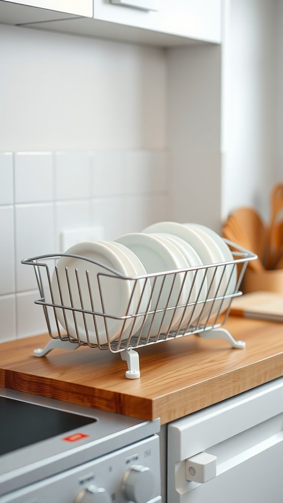 A silver miniature dish rack holding white plates on a wooden kitchen counter.