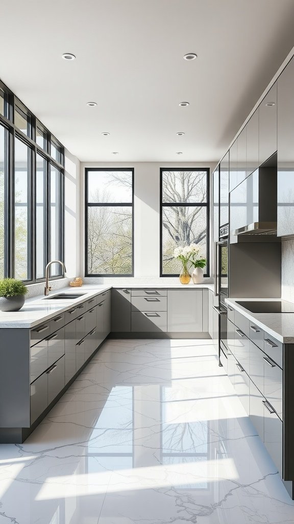 Modern U-shaped kitchen with marble flooring and gray cabinets