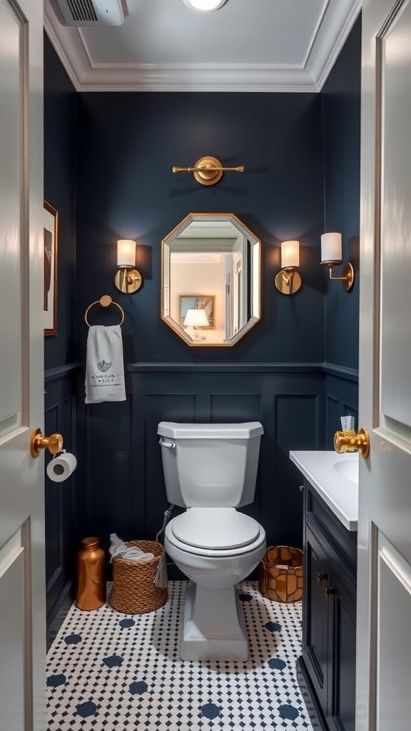 A small bathroom painted navy blue with gold accents, showcasing a toilet, vanity, and decorative elements.