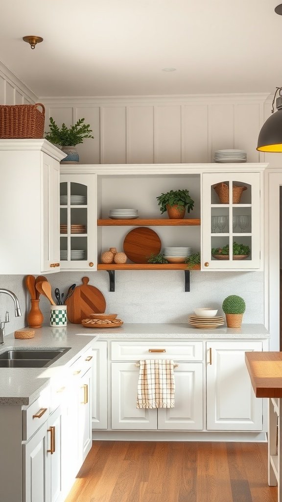 A kitchen with open-face white paneled cabinets, wooden shelves, and decorative plates.