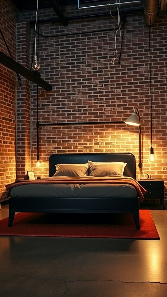 A modern platform bed with gray bedding in front of a brick wall, featuring industrial lighting.