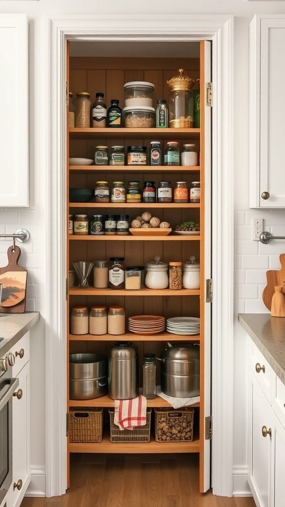 A pantry door transformed into built-in shelving, showcasing neatly organized jars, spices, and utensils.