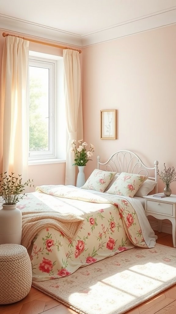 A cozy and romantic spring bedroom with floral bedding and pastel walls.