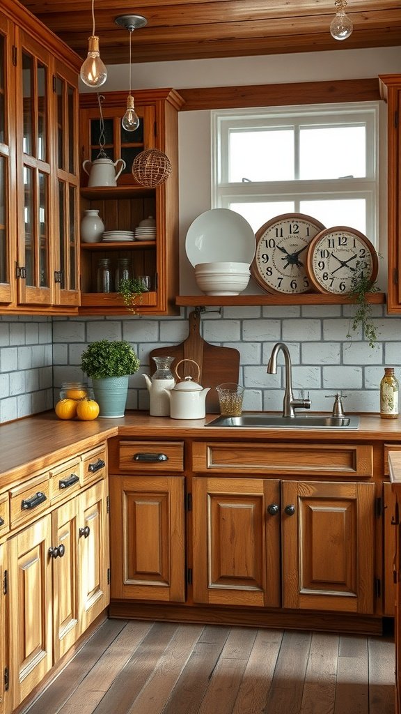 Rustic kitchen with wooden cabinets, a sink, and decorative items.