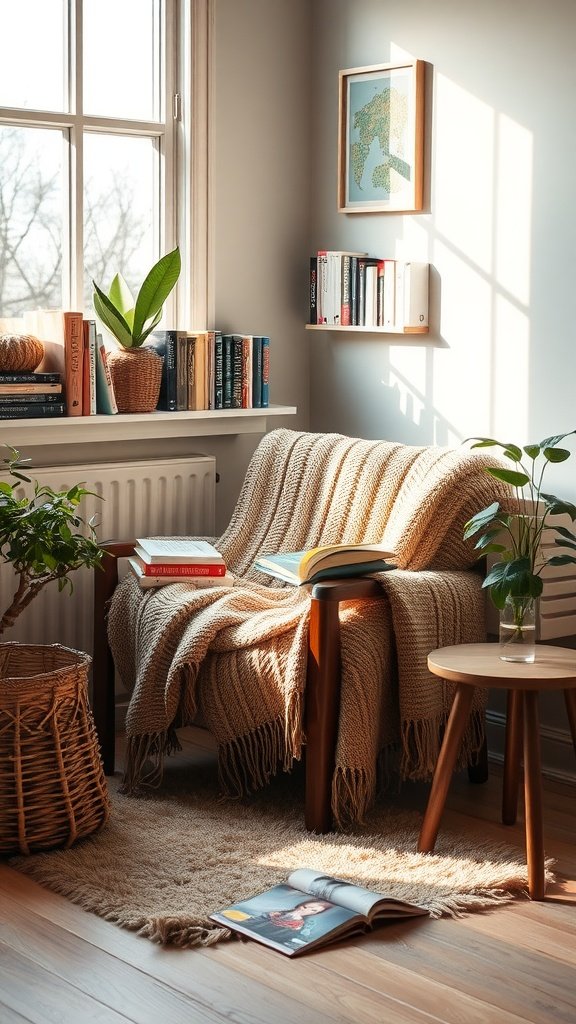 Cozy reading nook with a chair, blanket, books, and plants