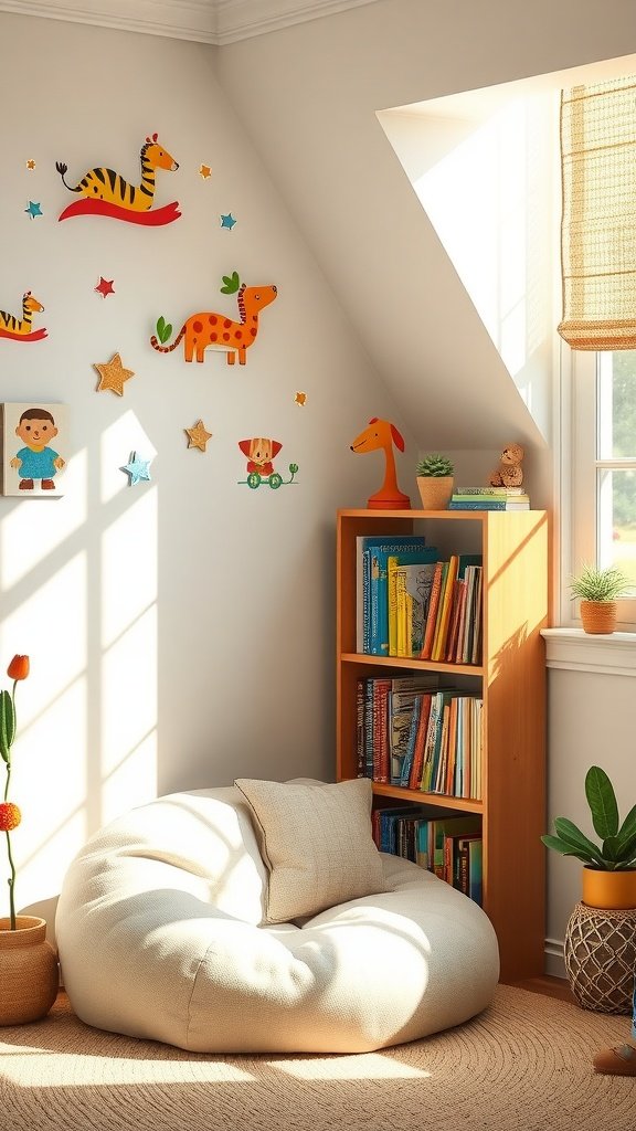 A cozy reading nook for kids with a bean bag chair, colorful wall decorations, and a small bookshelf filled with books.