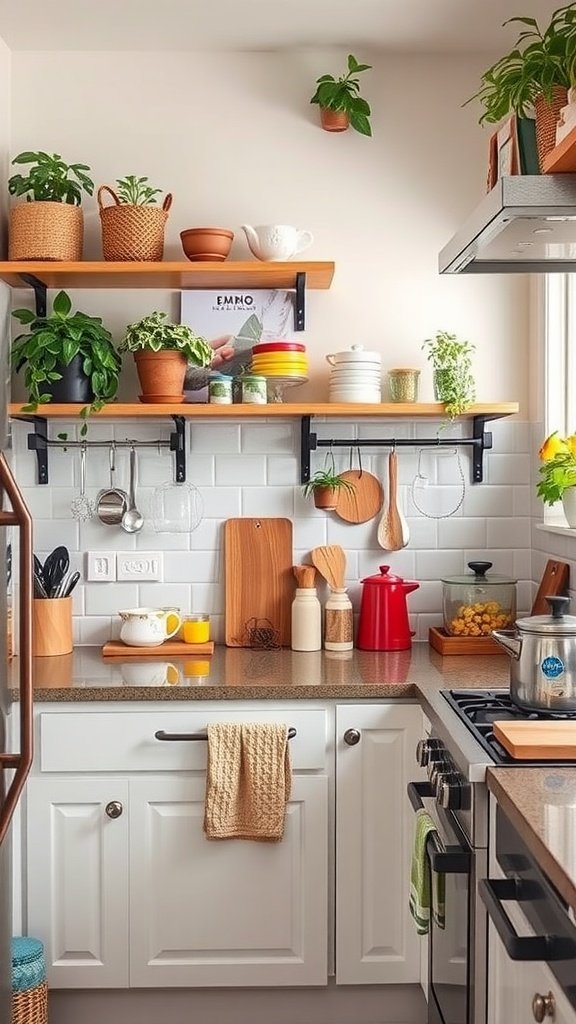 Small kitchen with open shelves, plants, and colorful decor