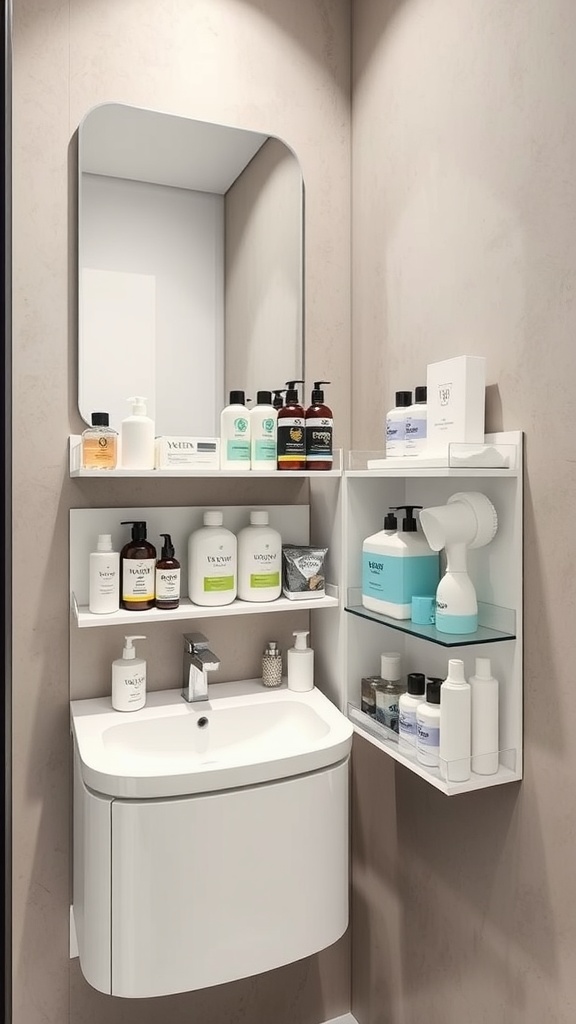 A smartly organized bathroom corner featuring a Vesken unit under a sink, showcasing various toiletry bottles