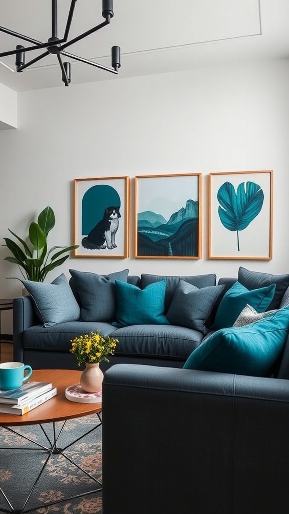 A cozy living room with a charcoal gray sofa and teal accents in pillows and artwork.